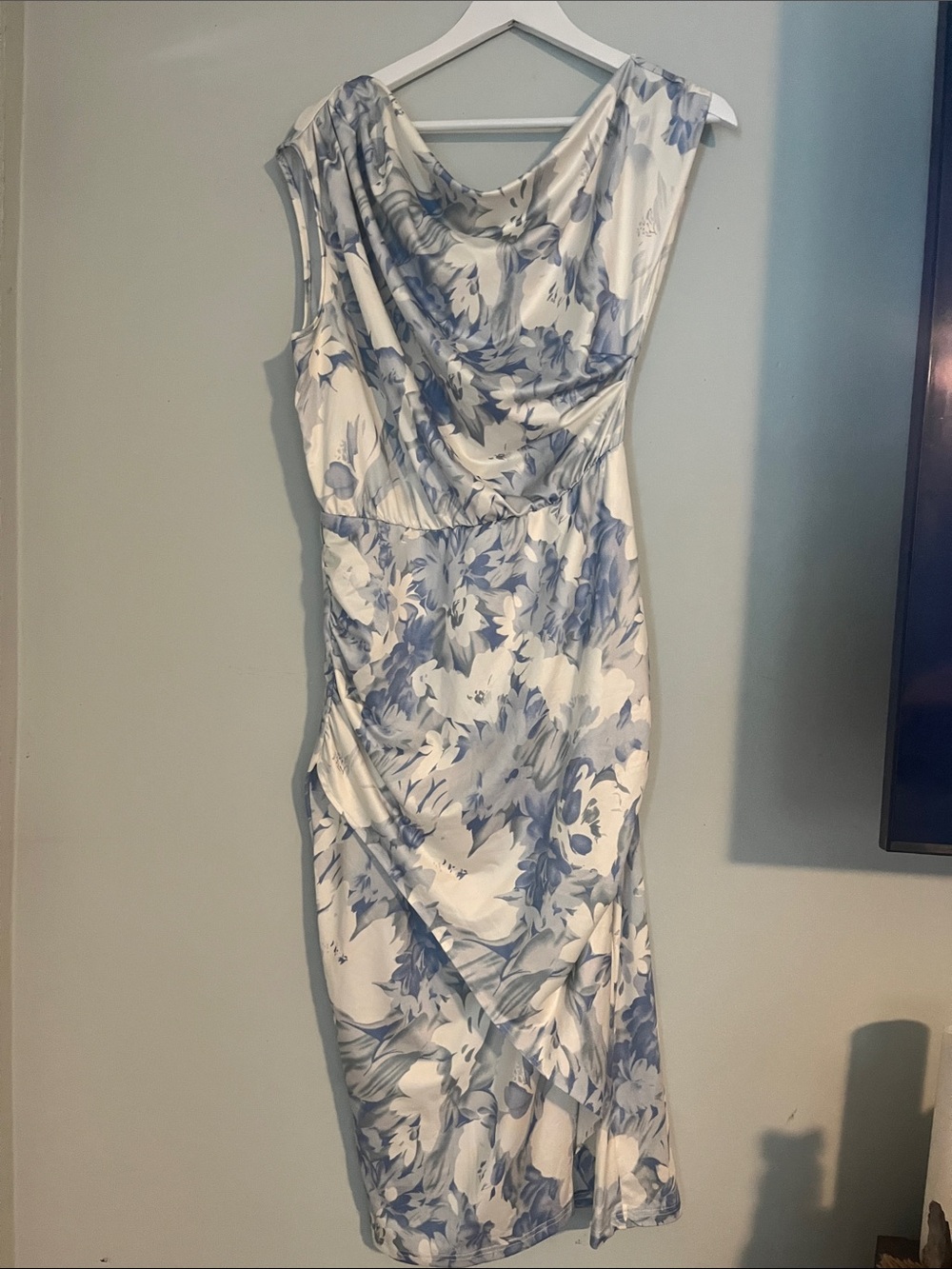 SHEIN Blue & White Floral Draped Midi Dress